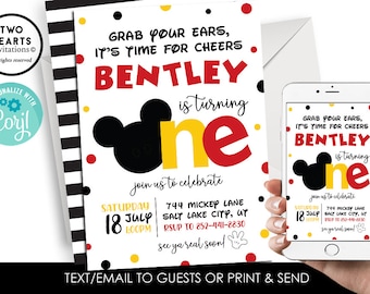 Editable Mickey Mouse Inspired Invite Invitation Digital 5x7 1st First Birthday Clubhouse Inspired Themed Birthday Party ONE
