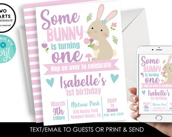 Editable Bunny Invite Invitation First Birthday Easter Themed Girl ANY AGE 5x7 Digital Personalized 1st Corjl