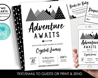 Editable Adventure Awaits Baby Shower Invite Invitation Digital 5x7 Black White Arrows Mountains Gray Simple Corjl