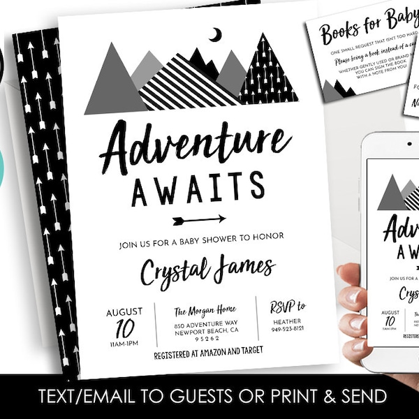 Editable Adventure Awaits Baby Shower Invite Invitation Digital 5x7 Black White Arrows Mountains Gray Simple Corjl