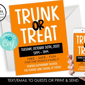 Editable Trunk or Treat Invite Invitation Flyer 8.5x11 Halloween Event School Work Church Fall Festival 5x7 Simple Instant Download Template