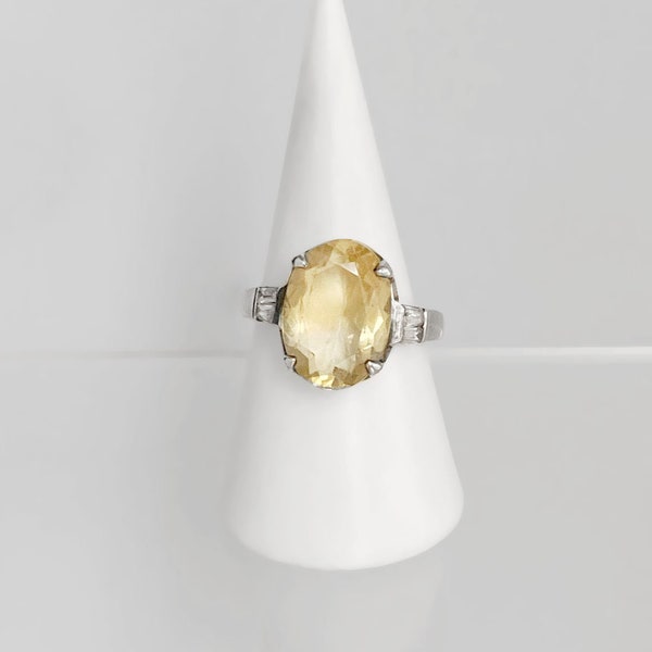 Sterling Silver Ring, Citrine Gemstone Ring, CZ Ring, Chunky Silver Ring, Yellow Statement Ring, Vintage Silver Ring Size M, Ring Size 6