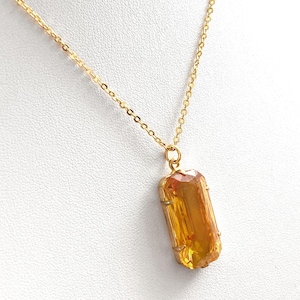 Topas Halskette, Orange Halskette, 16 "Gold Kette Rechteck Anhänger, Topas Anhänger, facettierte Gelbe Glas Halskette, Topas Strass Anhänger