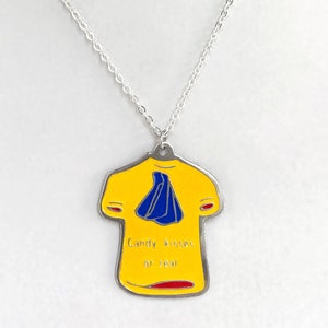 Vintage Yellow Enamel Pendant &#39;Candy Kisses Or Real&#39;, T Shirt Pendant Necklace, Kitsch 1970s Tee Shirt Charm, Silver Plated Necklace Charm