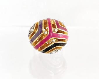 Vintage Statement Ring, High Domed Cocktail Ring, Colourful Enamel Rhinestone Ring, Sparkly Crystal Ring, Fully Adjustable Gold Plated Ring