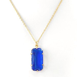 Sapphire Blue Necklace, Blue Necklace, 16" Gold Chain Rectangle Pendant, Sapphire Pendant, Faceted Blue Glass Necklace, Rhinestone Pendant