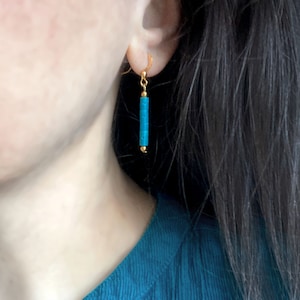 Vintage Shell Earrings, Turquoise Dyed Puka Shell Beaded Earrings, Heishi Shell Earrings, Seashell Earrings, Gold Hook Dangly Earrings