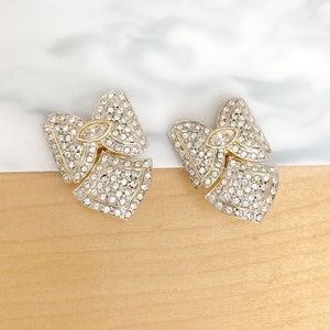 Vintage Bow Earrings, Statement Earrings, Vintage Rhinestone Earrings, 1980s Gold Plated Crystal Clip On Earrings, Rhinestone Clip Ons