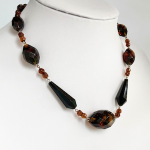 Art Deco Necklace 17&quot;, Faux Jet & Topaz Czech Glass Necklace, Vintage Black And Brown Givre Cut Glass Beads, Bohemian Antique Beaded Chain