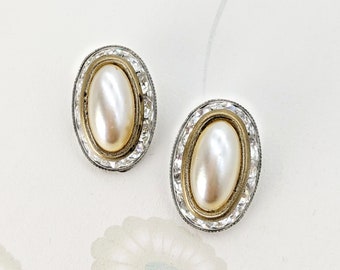 Pearl Earrings, Large Rhinestone Earrings, Vintage Clip On Earrings, Cocktail Earrings, Bridal Earrings, Vintage Gold Earrings