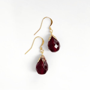 Dark Red Earrings, Red Drop Earrings, Antique Style Earrings, Gold Plated Earrings, Vintage Czech Garnet Glass Beads, Dangly Red Earrings