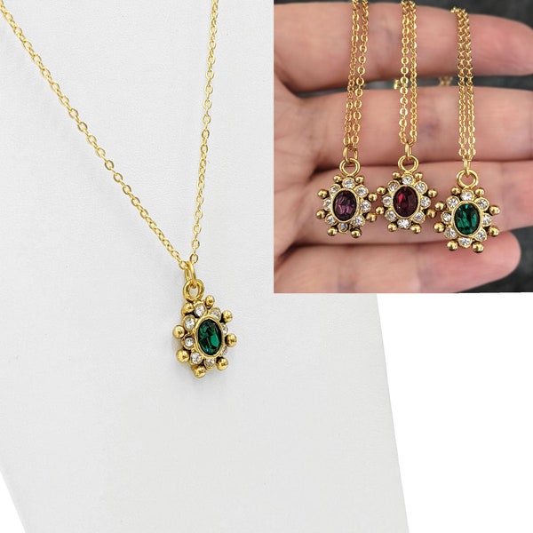 Vintage Crystal Charm Necklace, Dainty Gold Pendant, Swarovski Crystal CHOOSE COLOUR, Emerald Pendant