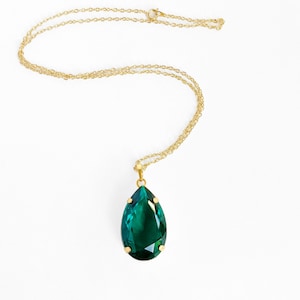 Smaragd Halskette, Großer Smaragd Anhänger, Grüne Halskette, 1980er Jahre Anhänger Goldkette, Facettierter Smaragdglas Anhänger, Vintage Anhänger Halskette