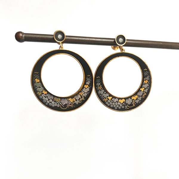 Vintage Japanese Damascene Hoop Earrings, 24kt Gold & Silver Inlay Vintage Screwback Earrings, Amita Damascene Jewelry, Black Hoop Earrings