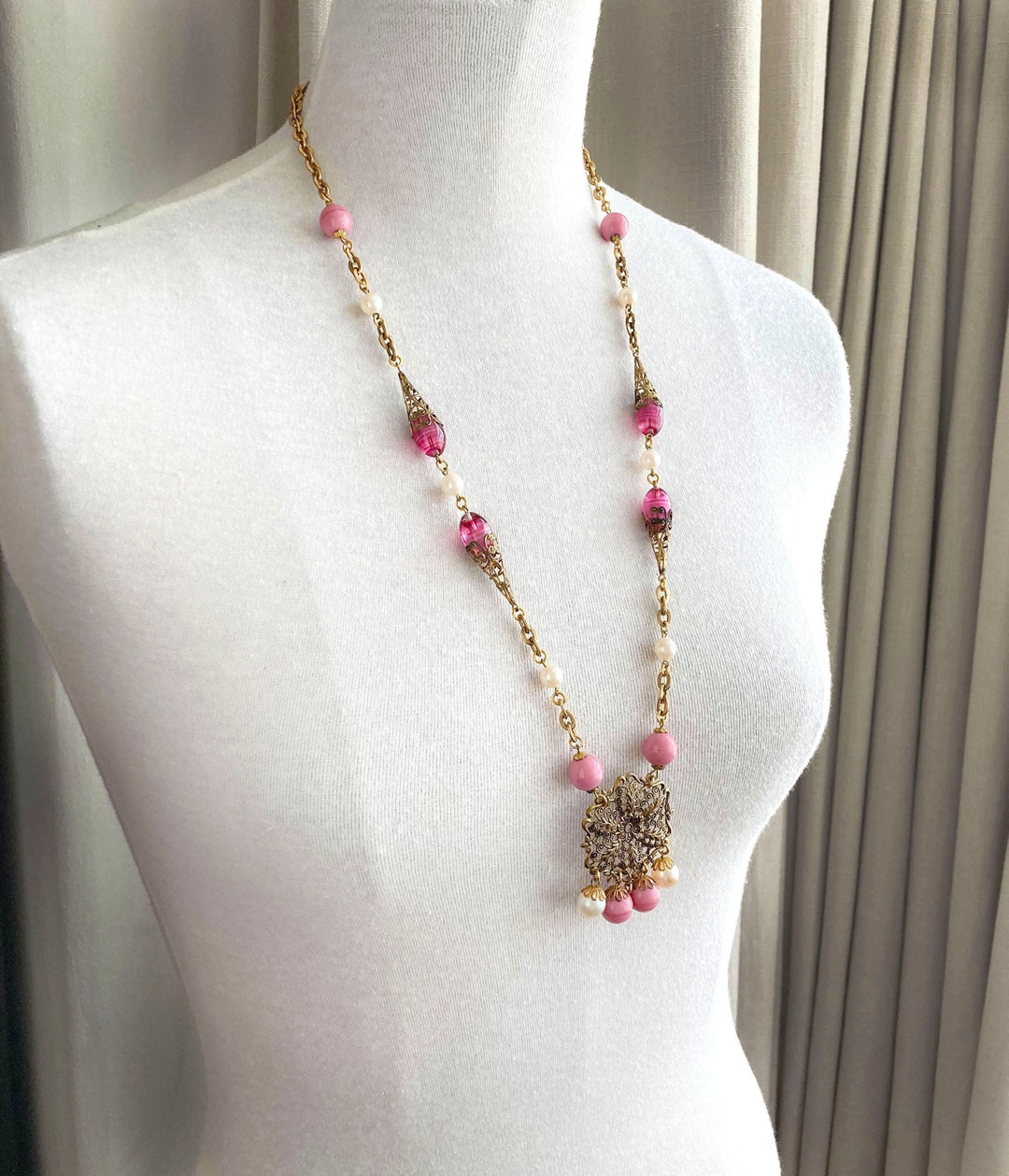 Long Pink Necklace, Vintage Necklace, Czech Glass Beaded Necklace