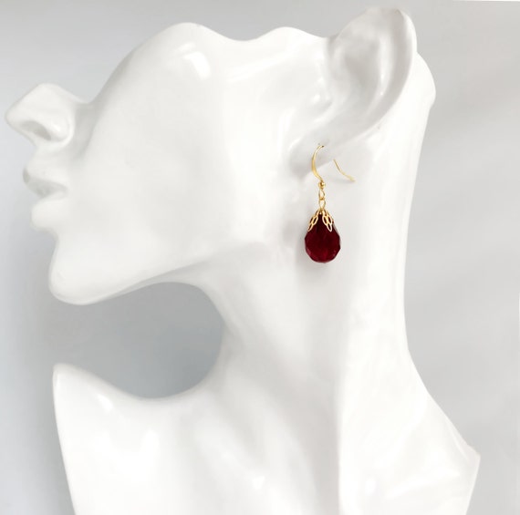Dark Red Earrings, Long Red Dangly Earrings, Anti… - image 5