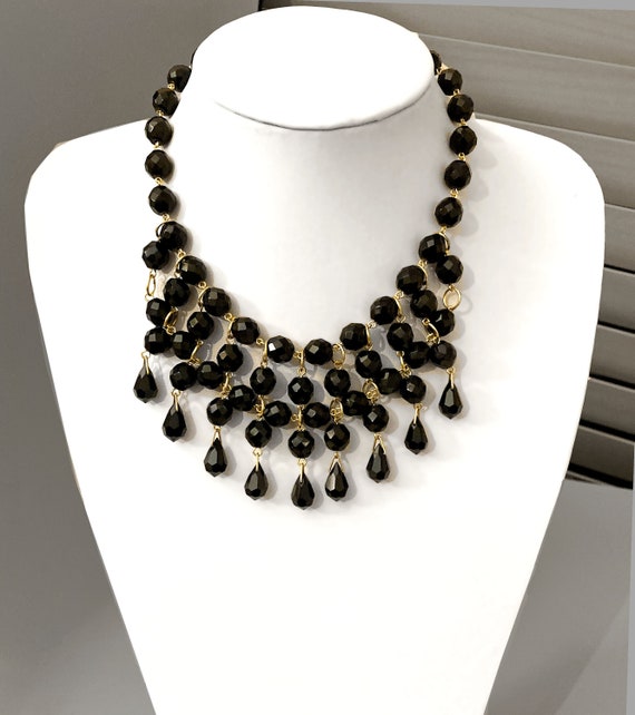 Black & Gold Necklace Vintage, Jet Black Statemen… - image 4
