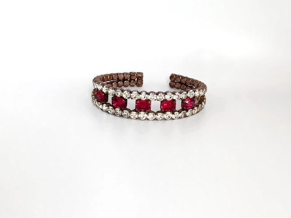 RARE Schoffel & Co Rhinestone Bracelet, Austrian Crystal Bangle, Vintage Sparkly Ruby Red Rhinestone Cuff