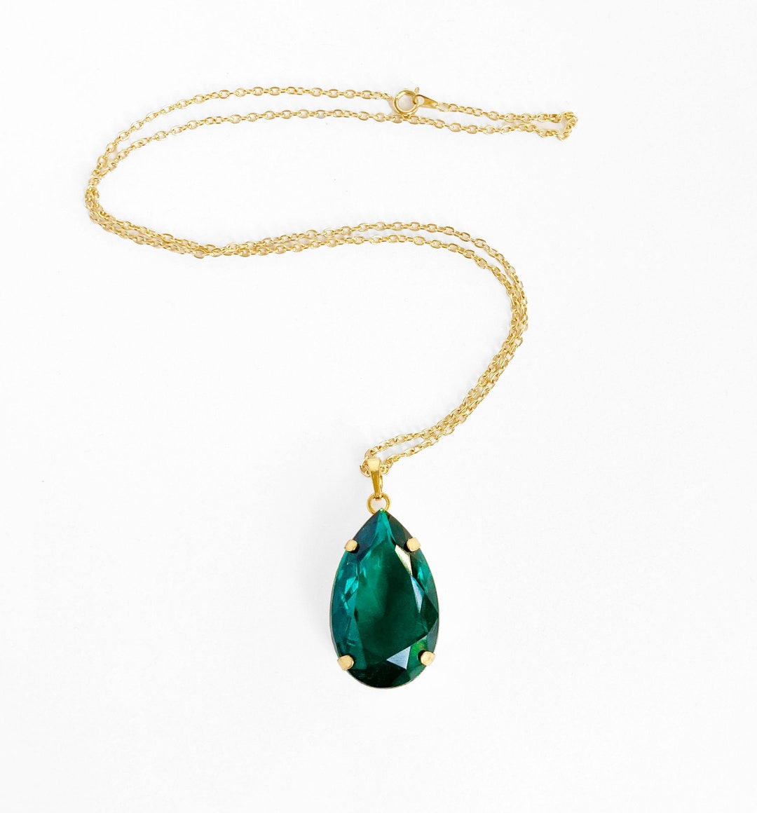 Emerald Necklace, Large Emerald Pendant, Green Necklace, 1980s Pendant