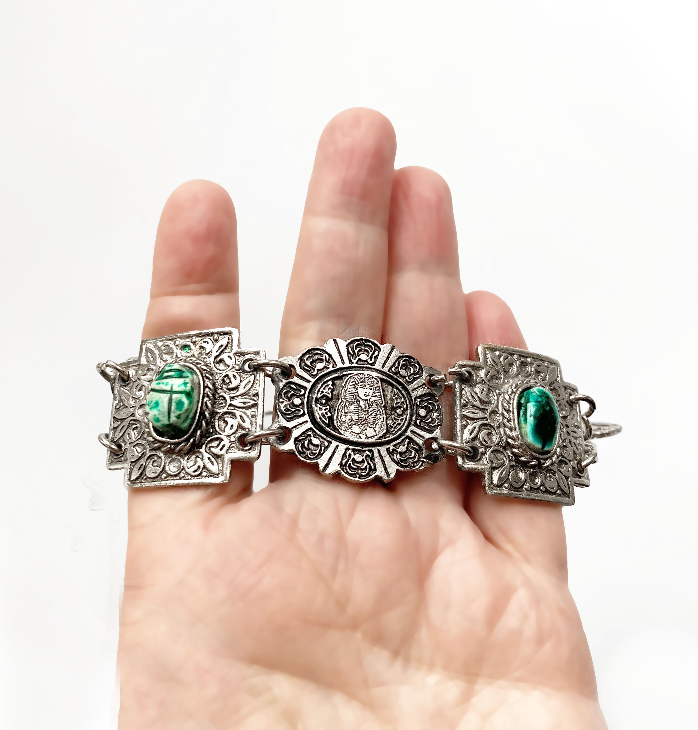 Antique Egyptian Revival Silver Cuff Bracelet With Scarab And Pharaoh  Motifs — portmanteau new york