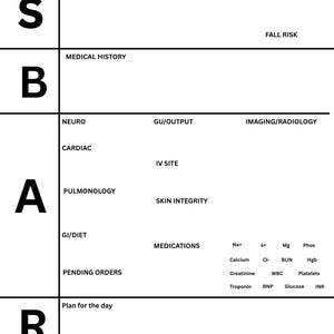 May include: A white medical form with black text, designed for patient information. The form is divided into sections labeled S, B, A, and R, with fields for details like medical history, medications, and discharge plans. It includes space for lab results.