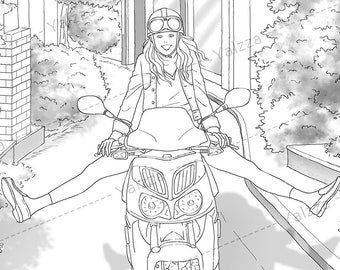 A girl on the scooter, Adult Colouring Page, Printable Colouring Pages. A4 size (300dpi jpg), gray scale & line sketch, lovely, yalzza