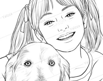 A girl with her doggy, Adult Coloring Page, 1 pdf (3 different style, A4, 300dpi jpg),digital download, yalzza