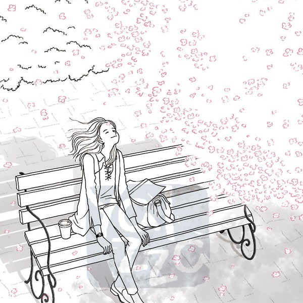 Adult Colouring Page, Printable Colouring Pages. A4 size (300dpi jpg), lovely, cherryblossom, yalzza