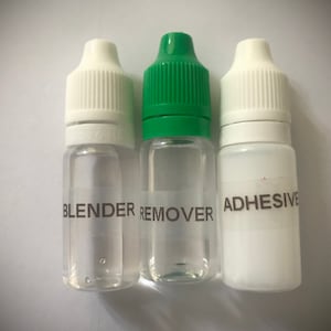 Prosthetic adhesive application kit includes sfx blender, make up remover and skin safe adhesive. Comes with or without 5ml blood.