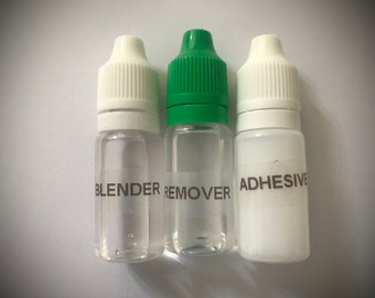 Prosthetic adhesive application kit includes sfx blender, make up remover and skin safe adhesive. Comes with or without 5ml blood.