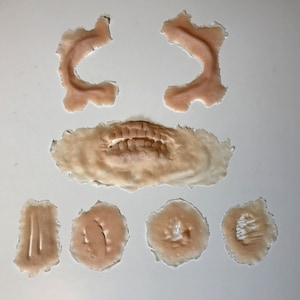 Prosthetic zombie appliance creation set. Contains jaw piece, zombie attack marks and undead cheeks. Perfect for the Walking Dead effect.