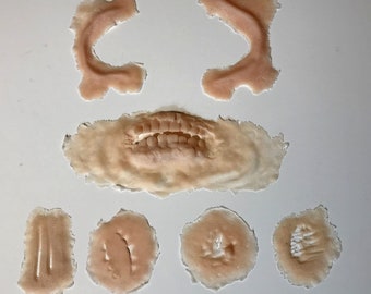 Prosthetic zombie appliance creation set. Contains jaw piece, zombie attack marks and undead cheeks. Perfect for the Walking Dead effect.