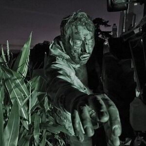 May include: A close-up of a zombie-like figure with green makeup and a white shirt, reaching out with a hand towards the camera. The figure is standing in front of a dark background with tall green plants.