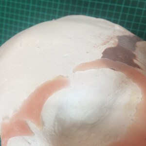 May include: Close-up of a white, pink, and brown silicone mold for making a prosthetic ear. The mold is shaped like an ear and has a smooth, textured surface.