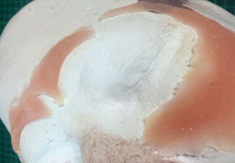 May include: Close-up of a white plaster mold with a pink silicone impression. The silicone impression is shaped like a curved line and has a rough texture.