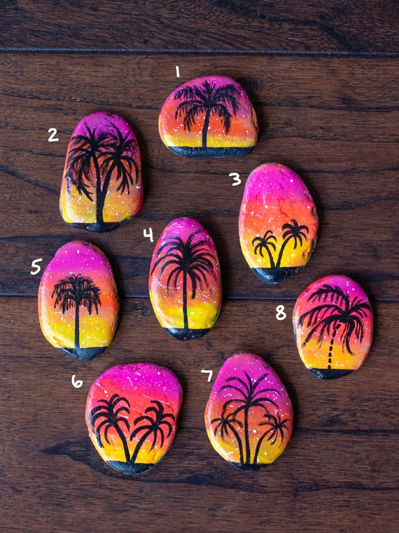 Painted Rocks Palm Trees Silhouette Beach Decor Sunset Sunrise