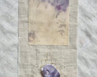Wild-dyed natural art mini tapestry in purples on upcycled cotton and linen.