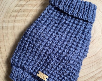 Hand-knitted Dog Jumper/Denim Blue/Ridge Stitch Finish. Available in Xs,S,M,L