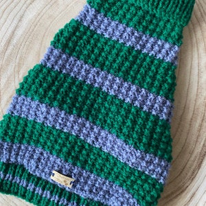 Hand-Knitted Dog Jumper. Bottle Green and Denim Blue Stripe.  Ridge Stitch. Available in sizes XS,S,M,L. DK Wool. Patons Wool