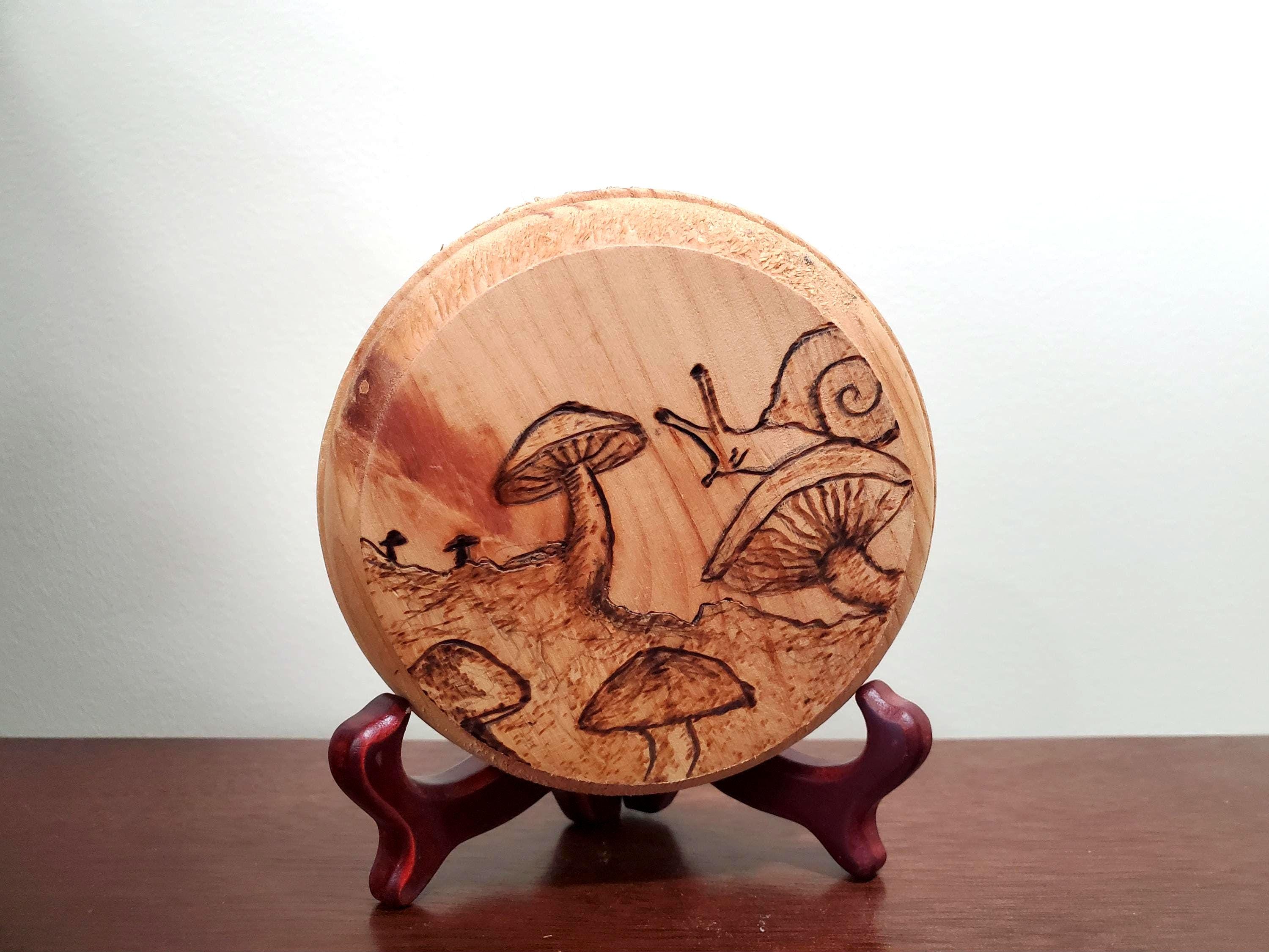Snail & Mushrooms Nature Wood Burn Art - Small Pyrography Decor