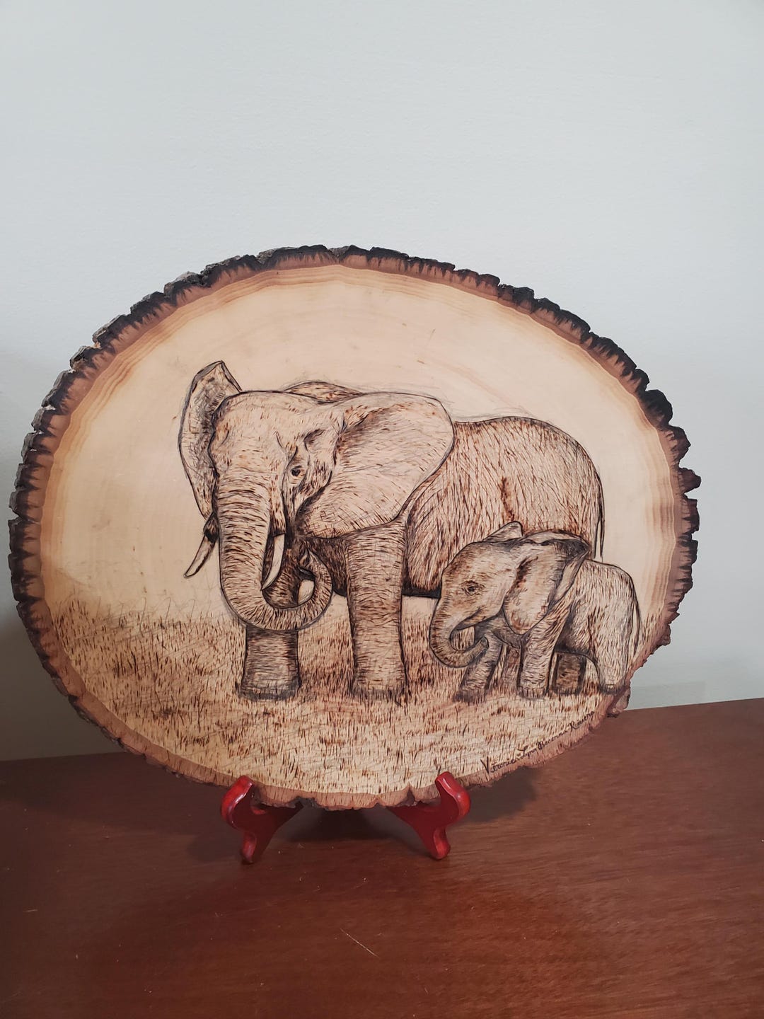 Elephant Family Pyrography on Wood – Mother & Baby Elephant Wall Art ...