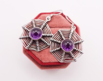 Vintage Unique Sterling Silver Spider Web Design Dangle Earrings // Sterling Silver Artisan Made Amethyst Cabochon Gemstone Earrings