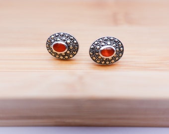 Vintage Art Deco Style Sterling Silver Stud Earrings // Sparkly Oval Carnelian Gemstone Earrings