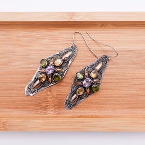 Vintage Balinese Gemstone Statement Earrings: Gold & Sterling Silver