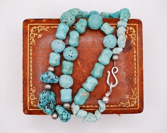 Chinese Carved Turquoise & Sterling Silver Beaded Necklace