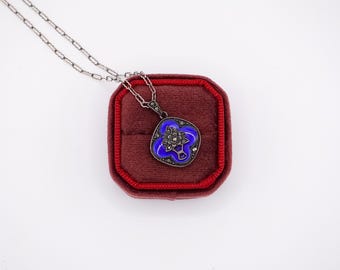 Art Deco Sterling Silver & Cobalt Enamel Flower Necklace