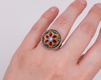 Artisan Multi-colored Enamel & Sterling Silver Ring (Size 5.5)
