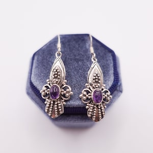 Bohemian Style Sterling and Amethyst Cabochon Statement Earrings