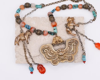 Antique Chinese Qing Turquoise & Carnelian Butterfly Necklace