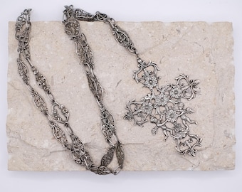 Antique Peruzzi Style Sterling Cross Necklace with Fancy Chain